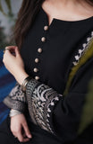 Black Kurta with Beige Embroidery & Crochet Buttons 2pc