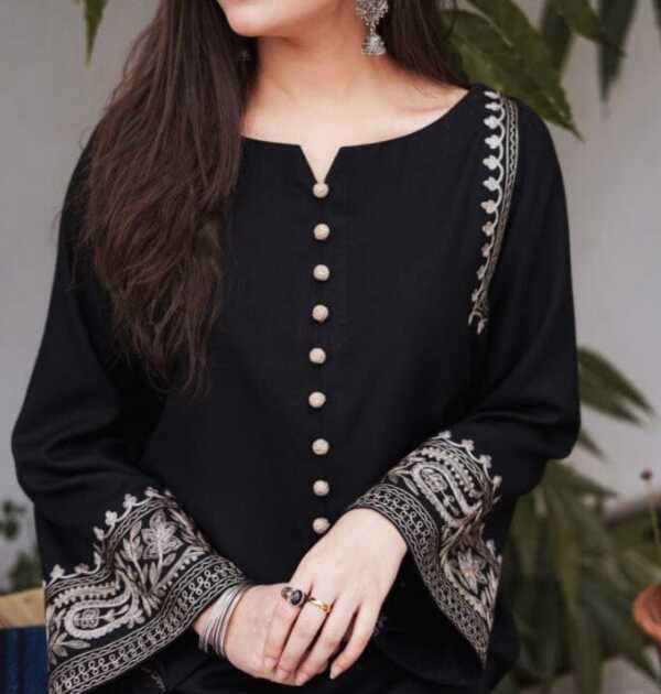 Black Kurta with Beige Embroidery & Crochet Buttons 2pc