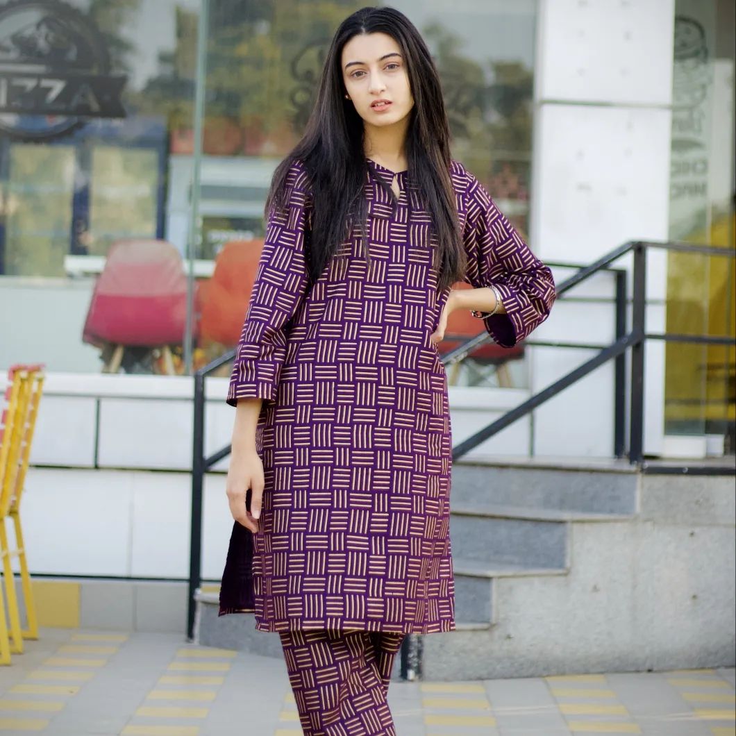 Chunri Steam Printed 2 Pcs Stitched With Same Trouser / CHECK STRIPS PRINT.